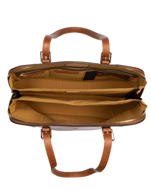Brown leather briefcase with open lid on a white background