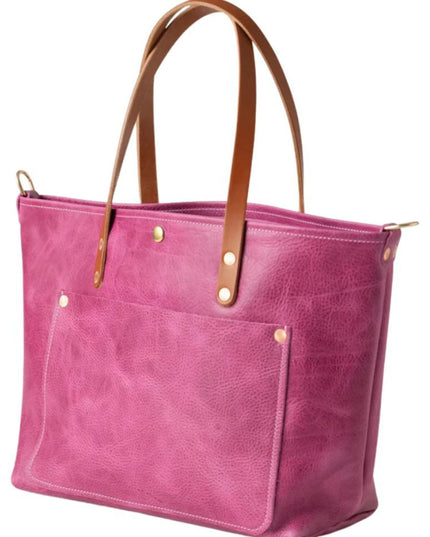 Pink Leather Tote Bag with Tan Handles
