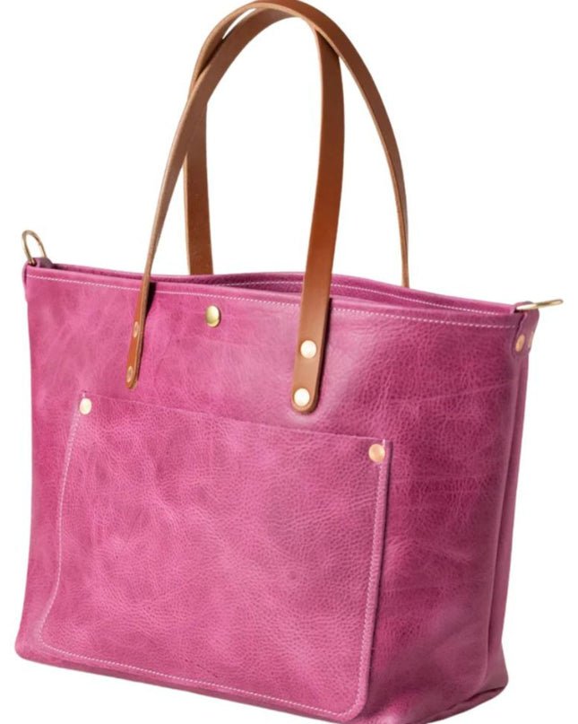 Pink Leather Tote Bag with Tan Handles