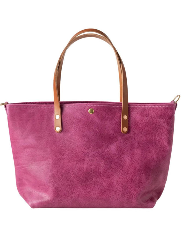 Pink Leather Tote Bag with Tan Handles