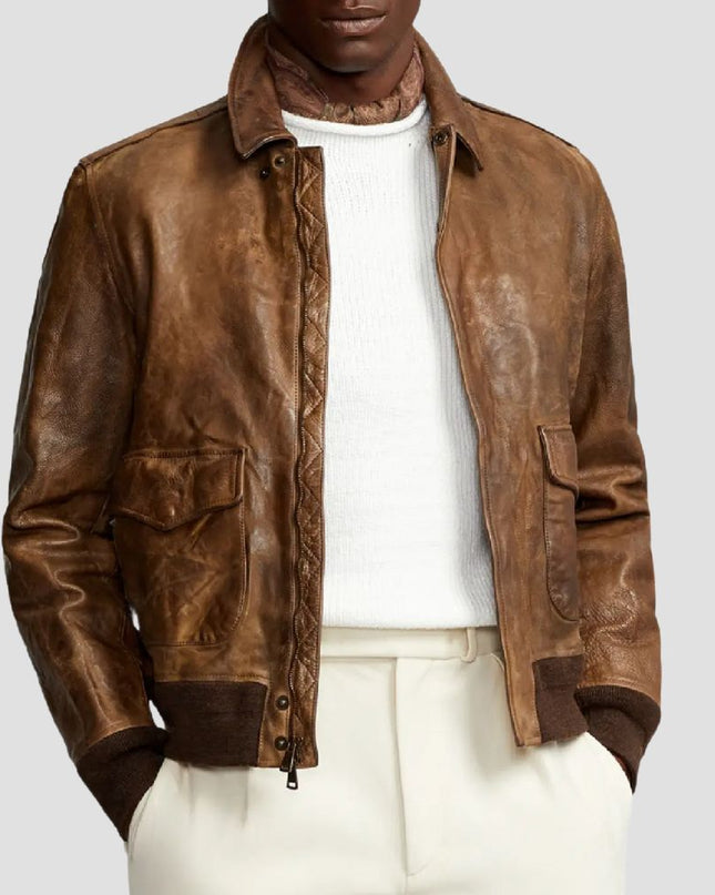 Vintage Brown Leather Bomber Jacket