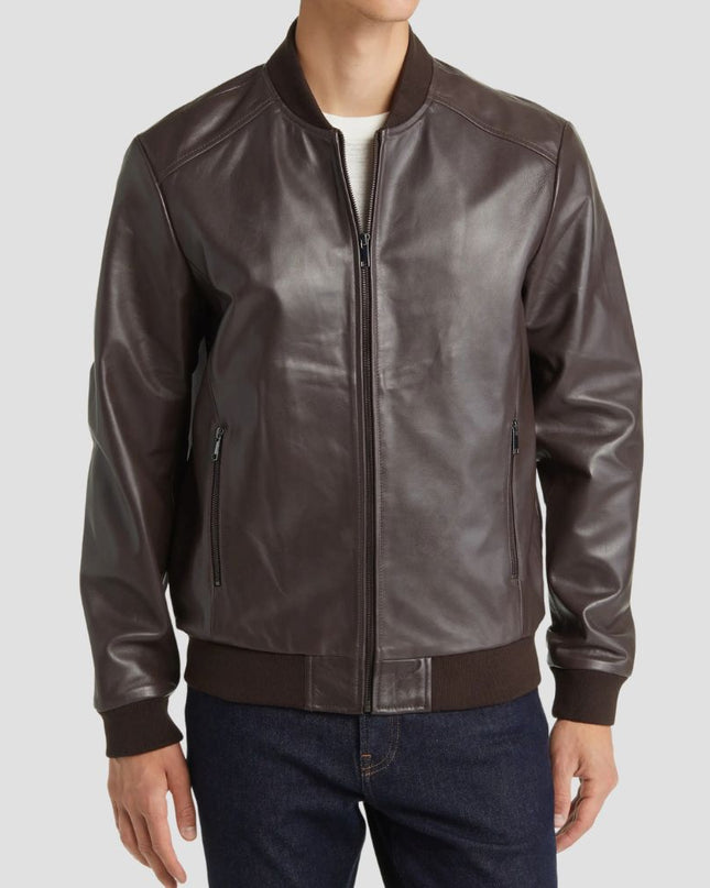 Brown Leather Bomber Jacket