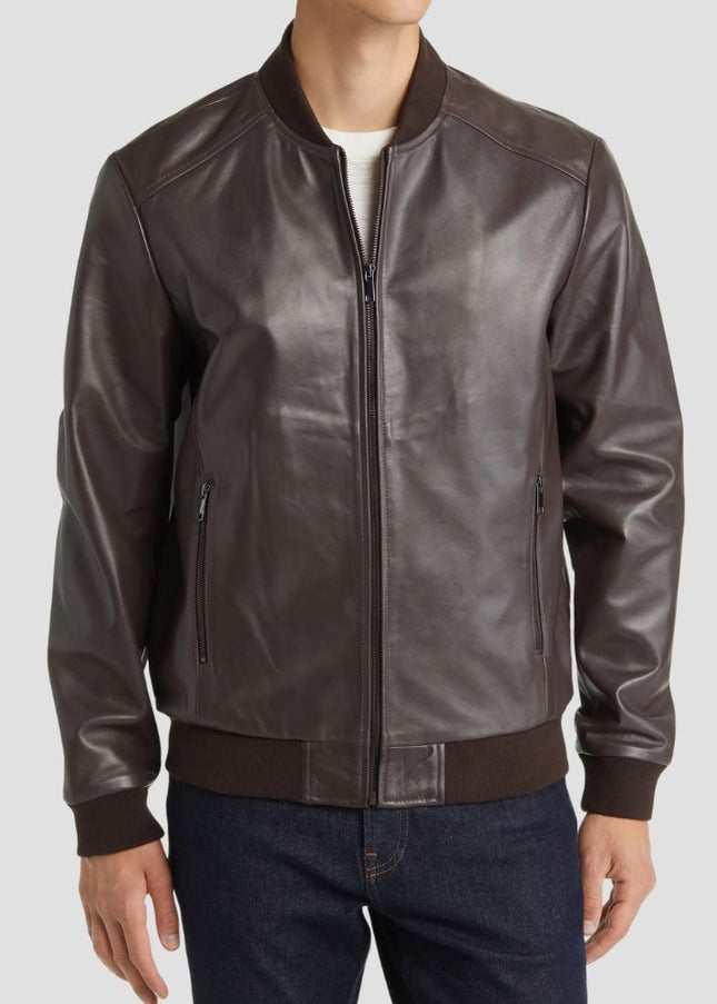 Brown Leather Bomber Jacket