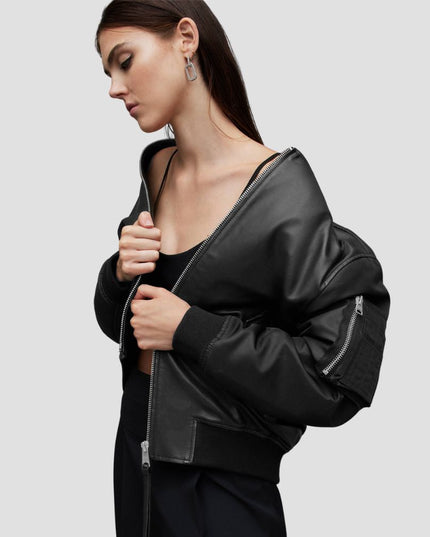 Zene Contrast Sleeve Leather Bomber Jacket