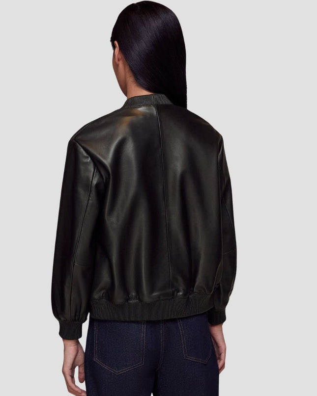 Person wearing a black leather jacket on a light gray background