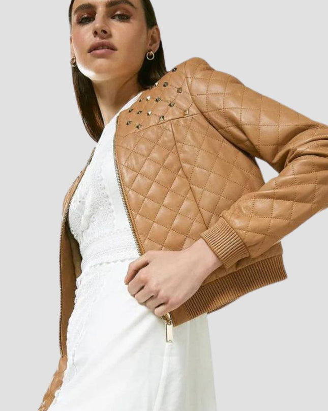 Women's Tan Beige Leather Studded Bomber Jacket