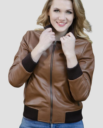 Soft Bomber Leather Jacket With Stand Up Collar