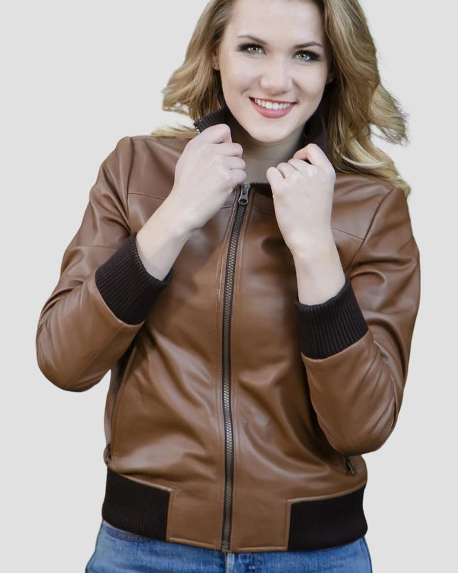 Soft Bomber Leather Jacket With Stand Up Collar