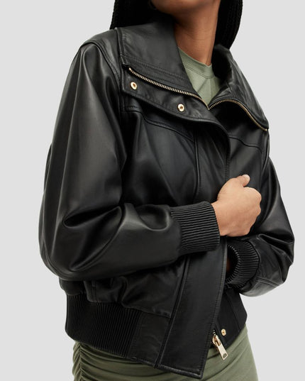 Etta Funnel Neck Leather Bomber Jacket