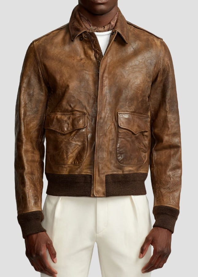 Vintage Brown Leather Bomber Jacket