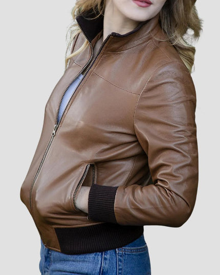 Soft Bomber Leather Jacket With Stand Up Collar