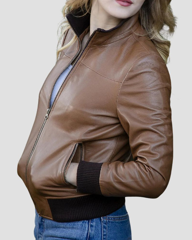 Soft Bomber Leather Jacket With Stand Up Collar