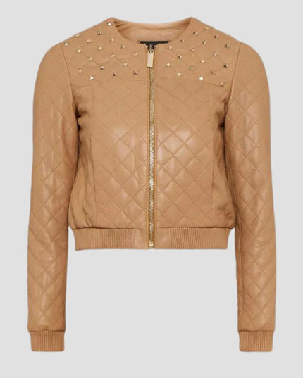 Women's Tan Beige Leather Studded Bomber Jacket