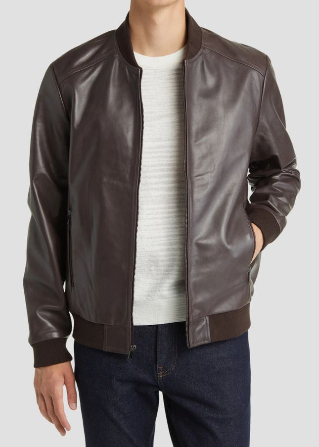 Brown Leather Bomber Jacket