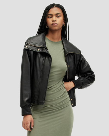 Etta Funnel Neck Leather Bomber Jacket