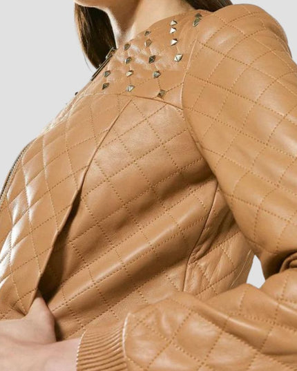 Women's Tan Beige Leather Studded Bomber Jacket