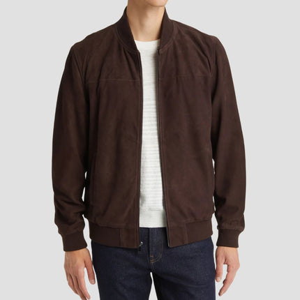 Brown jacket worn by a person on a light gray background