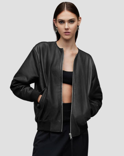 Zene Contrast Sleeve Leather Bomber Jacket