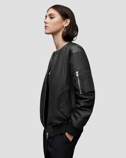 Zene Contrast Sleeve Leather Bomber Jacket