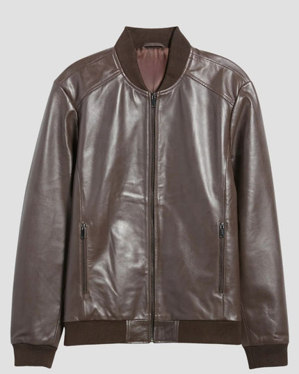 Brown Leather Bomber Jacket