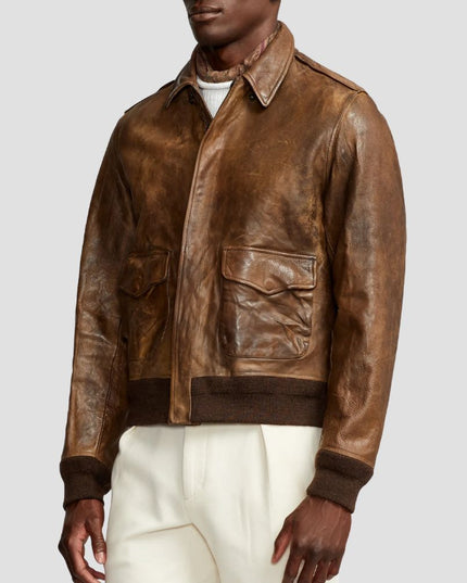 Vintage Brown Leather Bomber Jacket