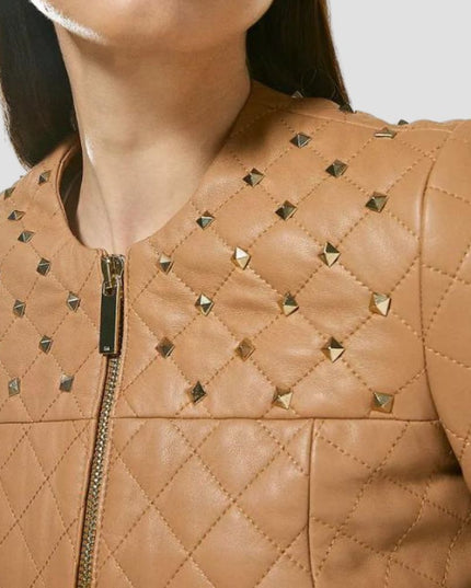 Women's Tan Beige Leather Studded Bomber Jacket