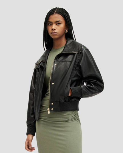Etta Funnel Neck Leather Bomber Jacket