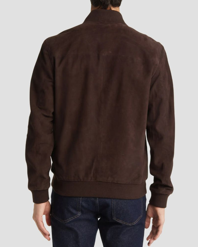 Brown jacket worn by a person on a light gray background