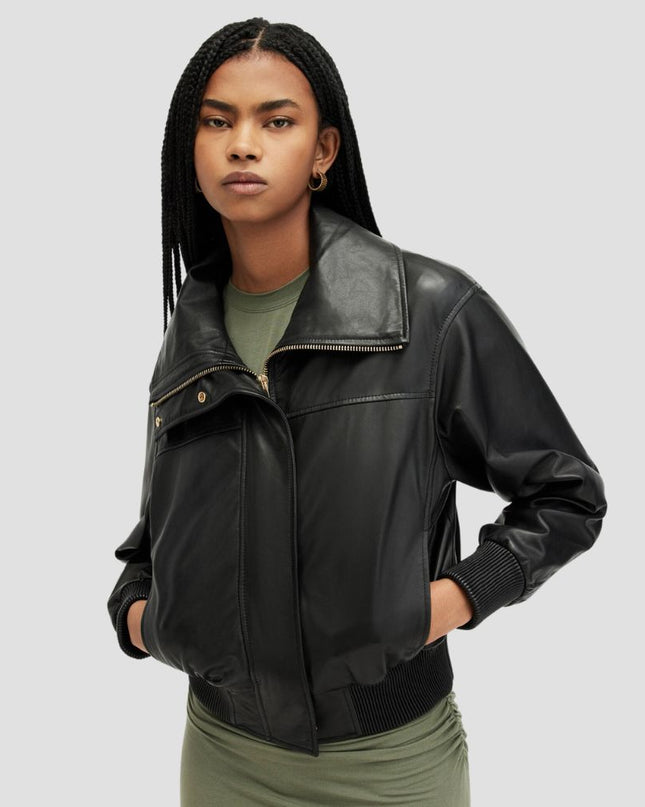 Etta Funnel Neck Leather Bomber Jacket