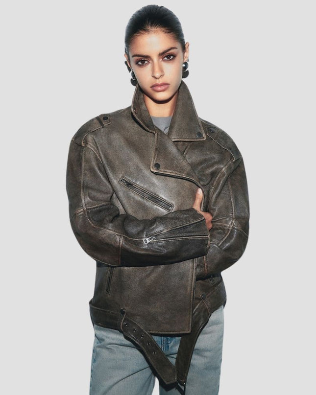 DistressedI Leather Biker Jacket