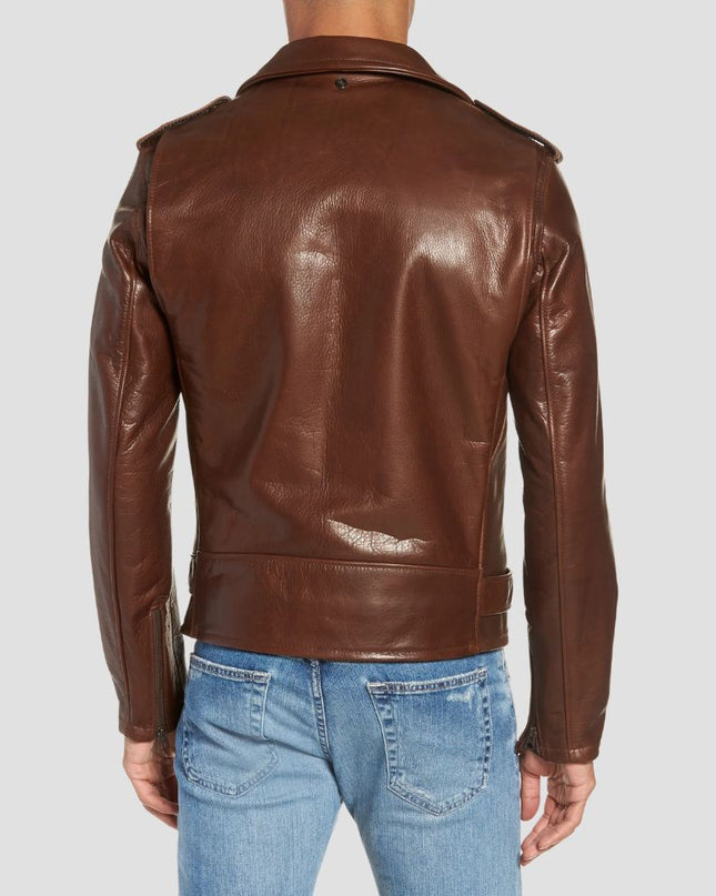 Brown leather jacket worn by a person on a light gray background