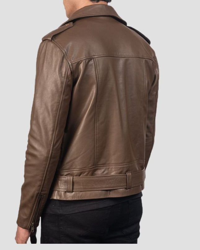Brown leather jacket worn by a person on a light gray background