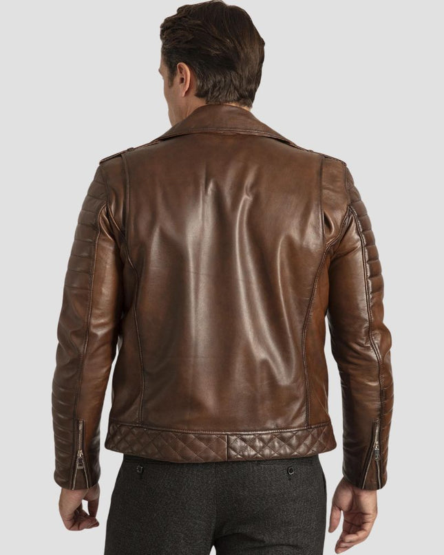 Man wearing a brown leather jacket on a light gray background