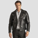 Man wearing a black leather jacket on a light gray background