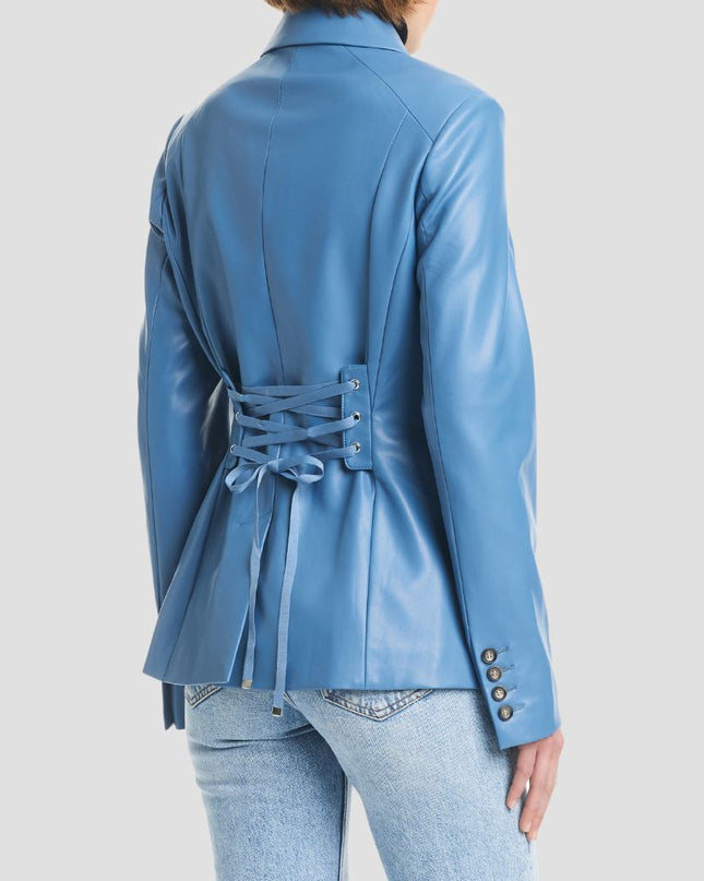Blue leather jacket with a lace-up back on a white background