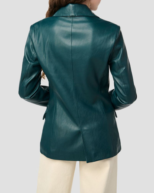 Green leather jacket worn by a person on a light gray background