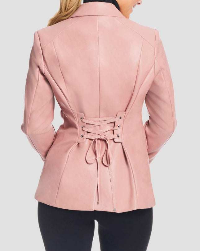 Pink jacket with a tie detail on a light gray background