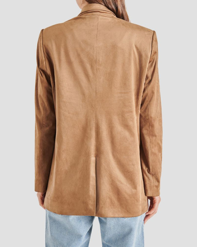 Brown coat worn by a person on a light gray background