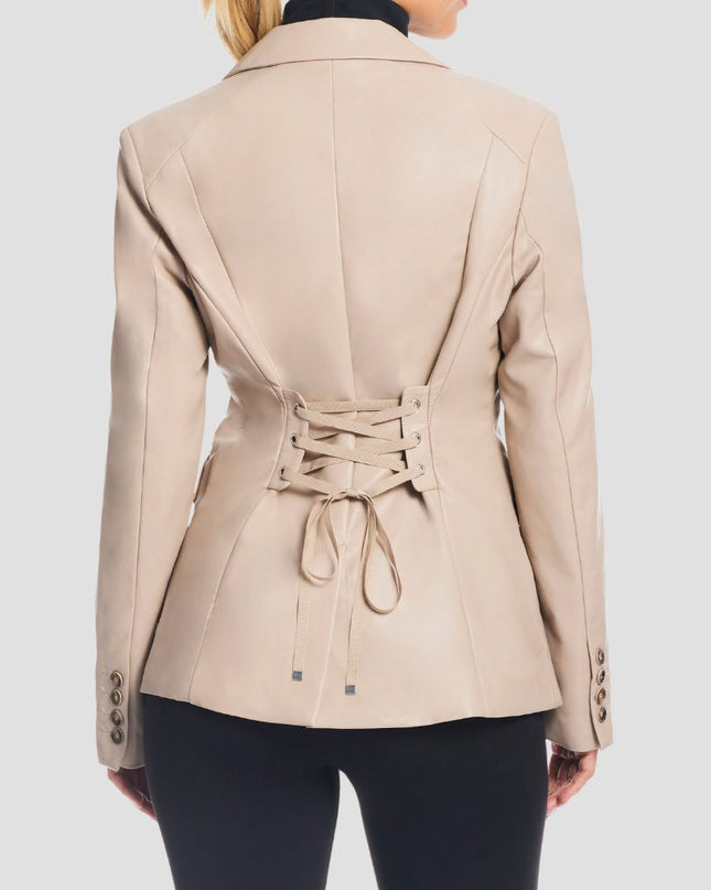 Beige blazer with lace-up back design on a white background
