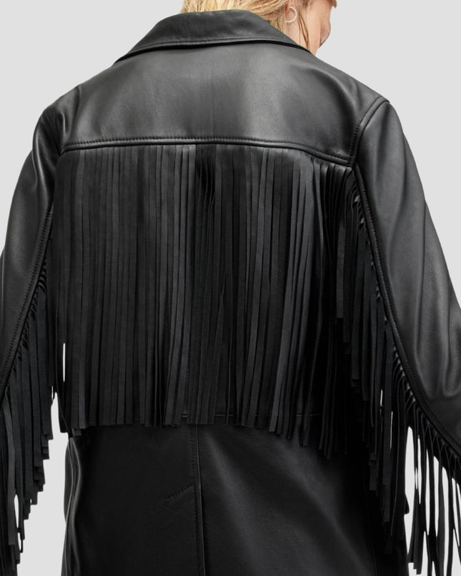 Black leather fringe jacket on a plain background