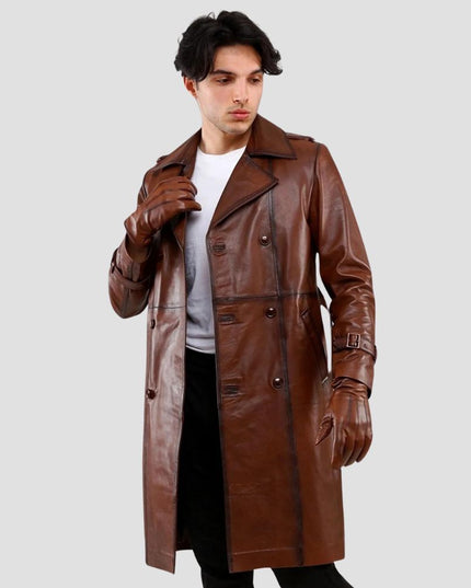 Smith Waxed Brown Genuine Belted Leather Blazer Trench Coat
