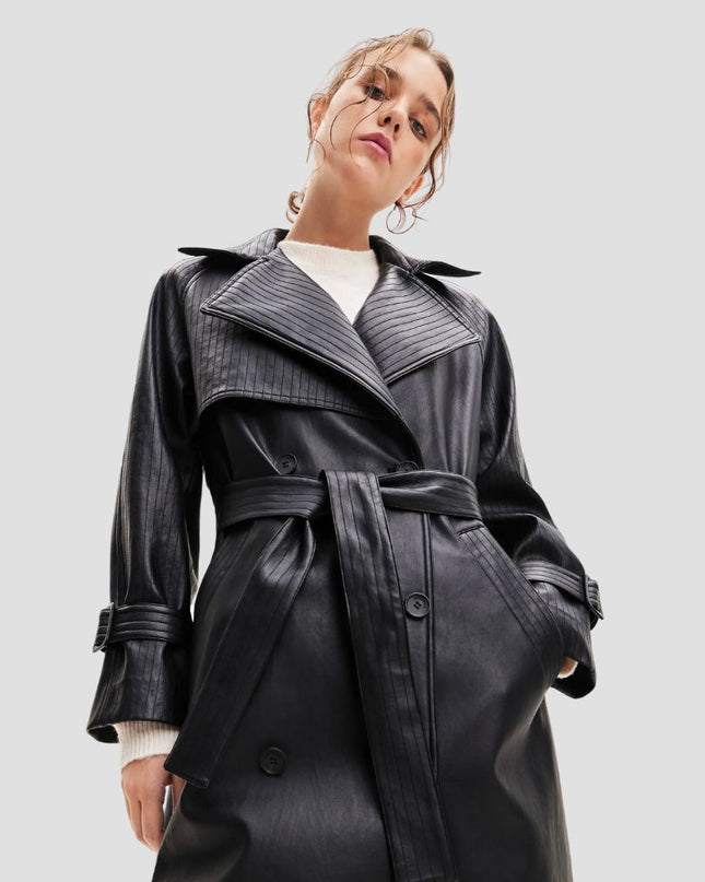 Belted Faux Leather Trench Coat