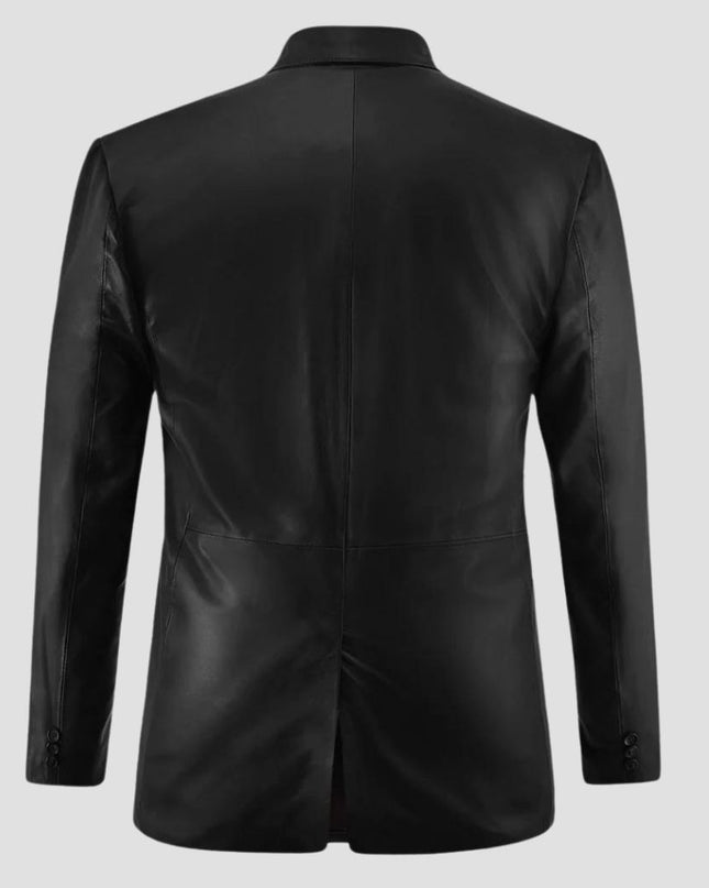 Black leather jacket on a light gray background