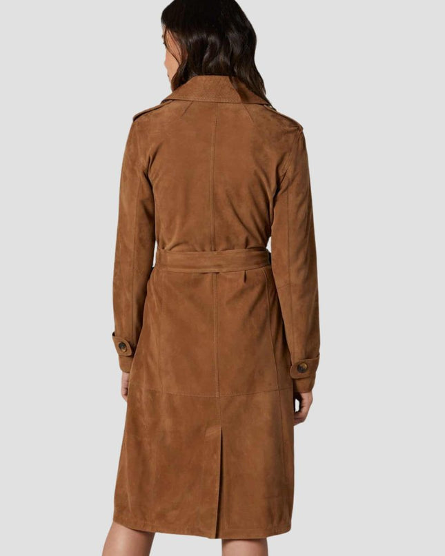 Brown suede trench coat worn by a person on a light gray background
