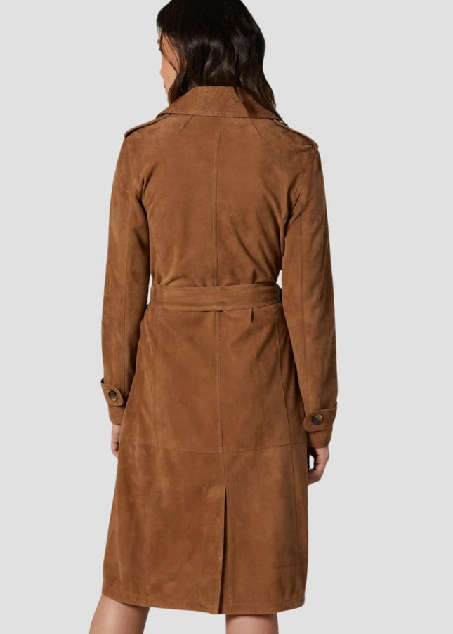 Brown suede trench coat worn by a person on a light gray background