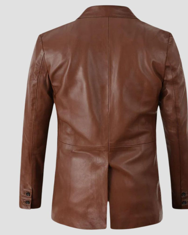 Brown leather jacket on a light gray background