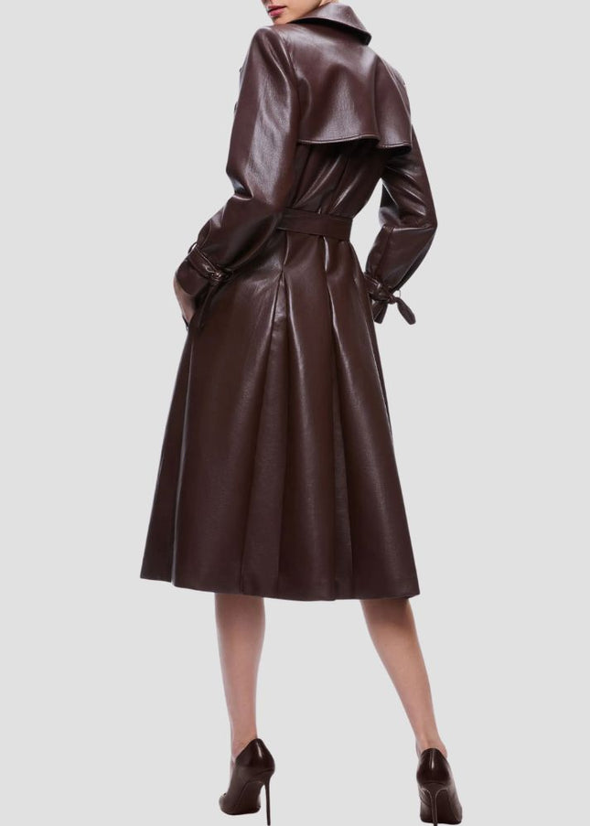 Brown leather trench coat on a white background