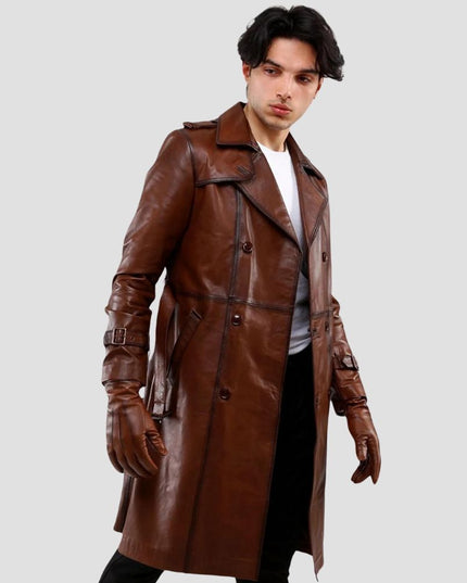 Smith Waxed Brown Genuine Belted Leather Blazer Trench Coat