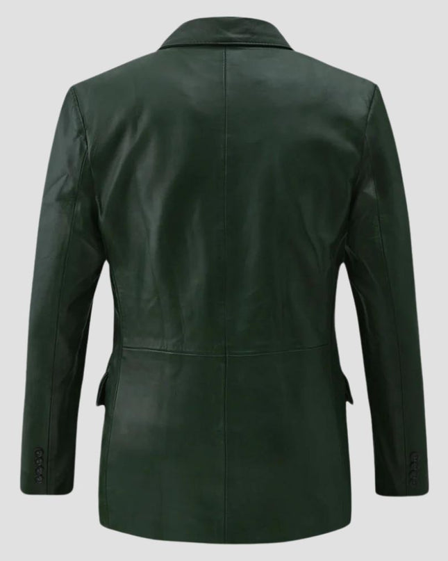 Green leather jacket shown from the back on a light gray background