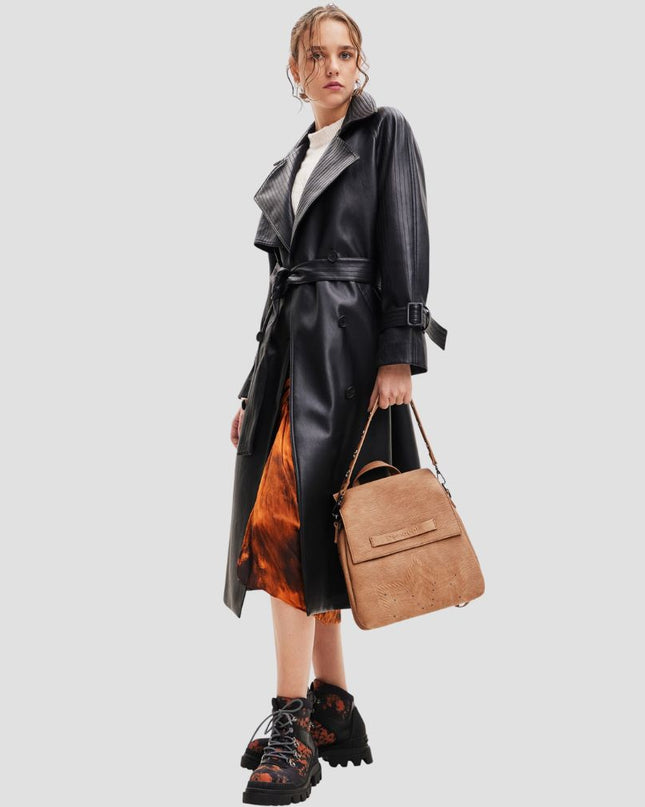 Belted Faux Leather Trench Coat